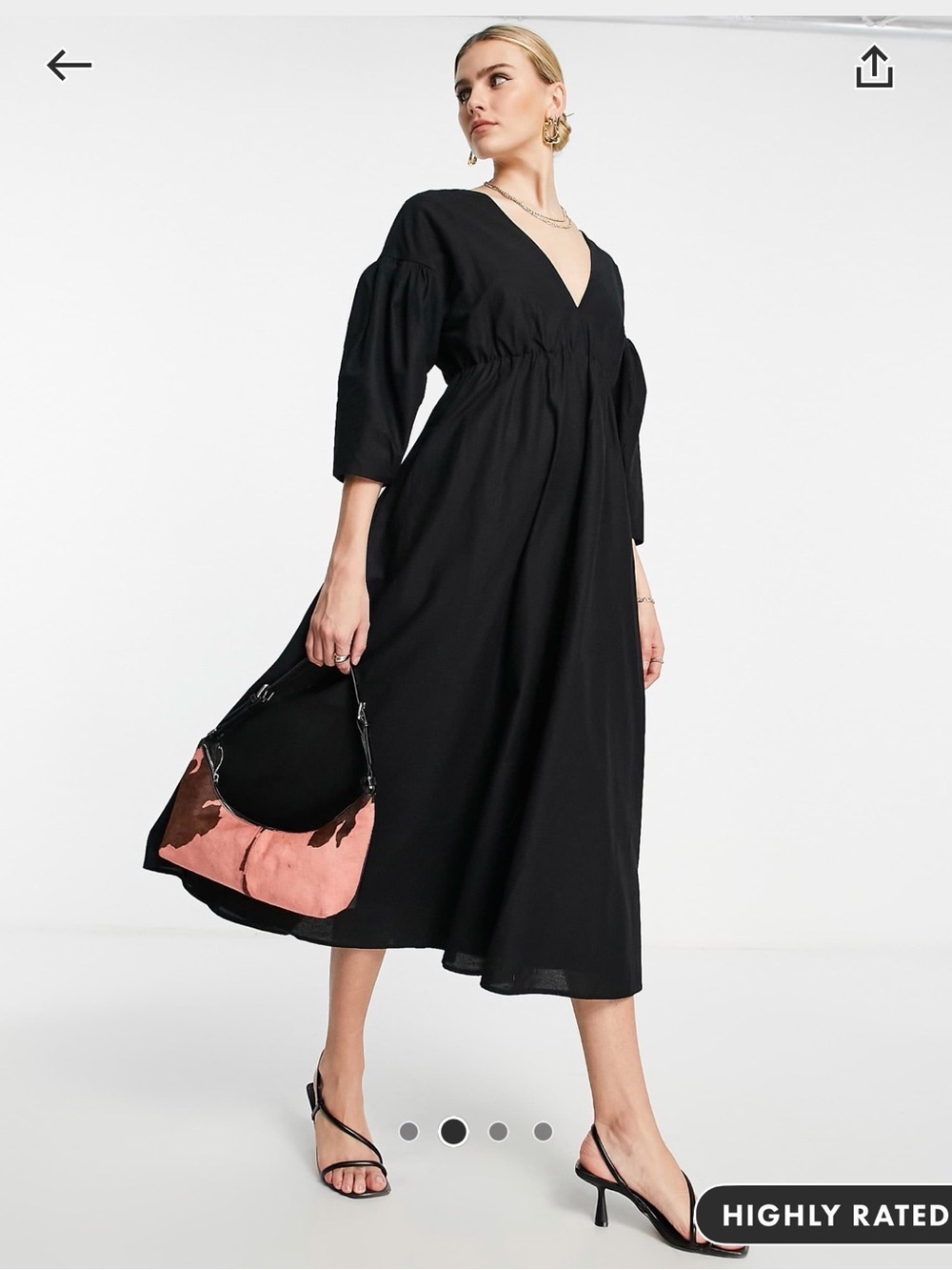 ASOS Black V-Neck Midi Dress with Puff Sleeves